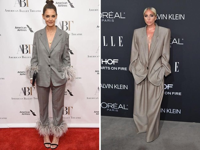 Lady Gaga dan Katie Holmes sedang sehati untuk urusan berbusana pekan ini. Keduanya kompak bergaya maskulin dalam balutan setelan abu-abu tanpa dalaman saat menghadiri acara yang berbeda. (Foto: Getty Images)