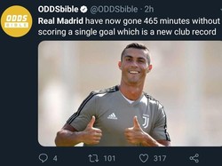 Tak ayal, banyak yang mengejek Madrid mulai menyesal melepas Cristiano Ronaldo. Pemain yang menyumbang 450 gol untuk Madrid itu dilepas ke Juventus musim panas lalu. (Foto: Twitter @ODDSbible)