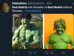 Begini ilustrasinya, Madrid dengan Ronaldo dan tanpa Ronaldo. Madrid dengan Ronaldo ibarat Hulk, kuat dan mengerikan. Tanpa Ronaldo, ya bisa disimpulkan sendiri ya. (Foto: Twitter @RobDaRuler)