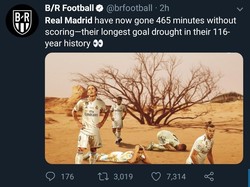 Selain itu, Madrid memecahkan rekor puasa gol terlama klub ketika masih buntu hingga menit ke-55. Madrid ketika itu sudah absen bikin gol selama 465 menit. Total hingga Marcelo mencetak gol di menit ke-71, Madrid mengakhiri puasa golnya selama 41 menit. (Foto: Twitter @brfootball)
