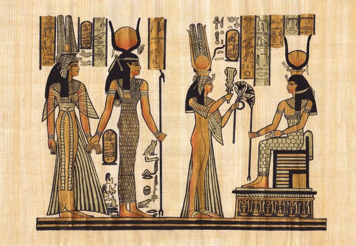 Cleopatra type woman with eyes closed.