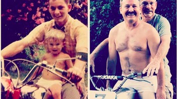 Hari Ayah tidak akan lengkap tanpa tradisi tahunan kami untuk memperbaharui foto Ayah dan saya tahun 1986 ini dengan sepeda motor pertamanya, (Foto: Brightside)