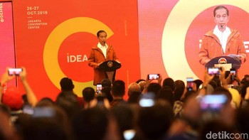Presiden RI Joko Widodo (Jokowi) hadir dalam Pameran IdeaFest 2018. Kehadiran Jokowi di Jakarta Convention Center (JCC) itu untuk membuka festival kreatif tahunan tersebut, Jakarta, Jumat (26/10/2018).