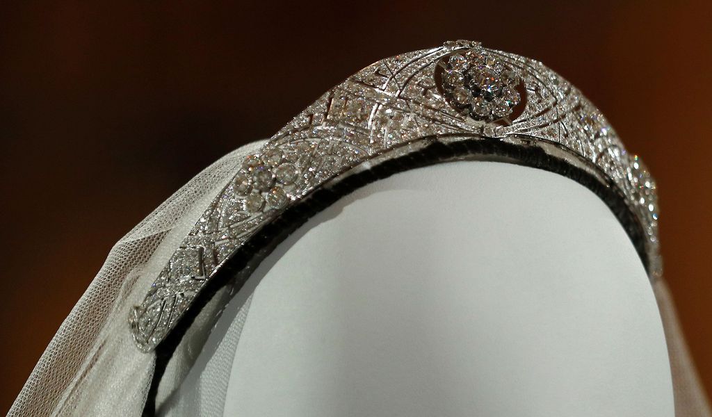 The diamond and platinum bandeau tiara worn by Meghan, Duchess of Sussex, and lent to her by Britain's Queen Elizabeth is seen ahead of the exhibition A Royal Wedding, at Windsor Castle, in Windsor, Britain, October 25, 2018. REUTERS/Peter Nicholls