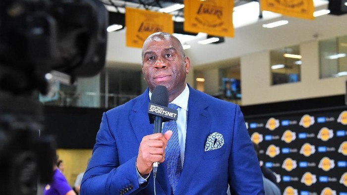 EL SEGUNDO, CA - JUNE 26: President of basketball operations Magic Johnson answers question from the media during a press conference to introduce the teams 2018 NBA draft picks at the UCLA Health Training Center on June 26, 2018 in El Segundo, California. Moritz Wagner was chosen with the 25th overall pick and Sviatoslav Mykhailiuk with the 47th pick. TO USER: User expressly acknowledges and agrees that, by downloading and/or using this Photograph, User is consenting to the terms and conditions of the Getty Images License Agreement. (Photo by Jayne Kamin-Oncea/Getty Images)