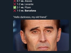 Ada pula yang mengejek performa buruk Madrid karena kini ditangani Julen Lopetegui. (Foto: Twitter @Football__Tweet)