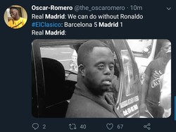 Yang jelas, Madrid sejauh ini belum bisa membuktikan bisa melaju apik tanpa Ronaldo. Melawan Barcelona saja masih babak belur gitu. (Foto: Twitter @the_oscaromero)