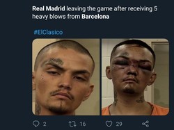 Madrid digambarkan netizen babak belur usai dihajar Barcelona, seperti habis dipukuli. (Foto: Twitter @yogawdess)