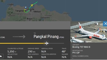 Pada 06.28 WIB ketinggian JT 610 kembali meningkat ke 5.350 kaki dengan kecepatan 290 knots. Foto: Screenshot Flightradar24