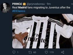 Ada pula ejekan untuk fans Madrid yang disebut bakal beralih menjadi pendukung Juventus saja, yang seragamnya belang-belang, lantaran ada Ronaldo di sana. (Foto: Twitter @prynzebonsu)