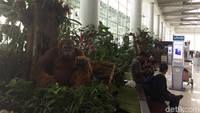 Tak ketinggalan patung orang utan di tengah taman. Para pengunjung di bandara juga bisa bersantai sambil duduk di pinggir taman.
