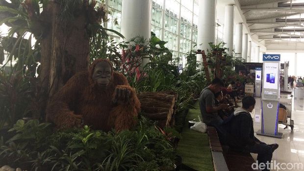 Bandara Internasional Sultan Aji Muhammad Sulaiman di Balikpapan-Kaltim nampak asri dilengkapi taman yang dipadu kehadiran 'orang utan'. Yuk lihat bandaranya