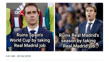 Meme ini mengolok Lopetegui yang musim panas lalu dipecat dari timnas Spanyol usai mengumumkan bakal melatih Madrid. (Foto: Internet/Twitter)