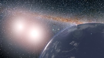 Potret planet yang diprediksi diselimuti air dan memiliki dua bintang, yaitu Kepler-35A dan Kepler-35. Foto: NASA