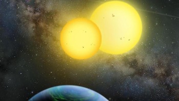 Di sistem bintang Kepler-35, Planet Kepler-35b mengitari sepasang bintang dengan masa orbit yang berbeda. Foto: NASA