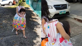 Anak kecil bernama Maya ini menjadi viral. Lantaran sang orangtua mendandani dirinya dengan kostum yang dibuat seolah kepalanya terlepas dan dibawa menggunakan tangan. (Foto: Boredpanda)