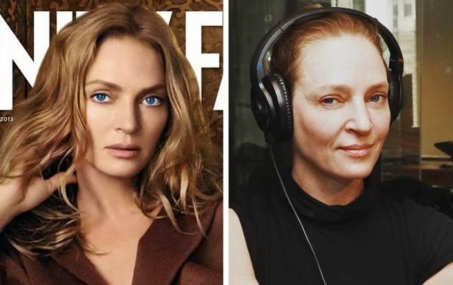 Uma Turman tampil cantik dalam sampul majalah, apalagi saat mata birunya yang indah dipertajam. Namun dalam foto yang diunggah ke Instagram, aktris tersebut tampaknya lebih senang tampil natural. Foto: Instagram