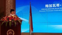Foto: Dalam sambutannya, Megawati mengelaborasi pemikiran sang ayah, proklamator sekaligus Presiden pertama RI, Sukarno dengan Perdana Menteri Pertama Republik Rakyat China (RRC), Zhou Enlai. Mega mengangkat terminologi diplomasi kebebasan ekonomi menuju perdamaian dunia. (Dok PDIP).