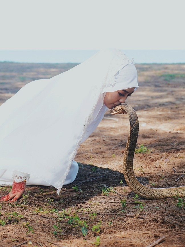 Foto pernikahannya jadi viral setelah diunggah oleh sang fotografer, Tako, di akun Twitternya. Pada postingannya itu, Tako menuturkan jika kliennya membuat serangkaian foto pernikahan yang ekstrem bersama dengan ular king kobra. Foto: Twitter @takoball_