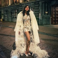 Untuk menahan dinginnya suhu di Kota Amsterdam pada malam hari, Priyanka memadukan gaunnya dengan coat bulu super tebal saat berpose di luar ruangan. Foto: Instagram/@priyankachopra