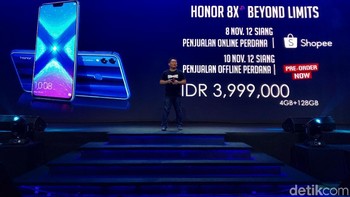 Harga Honor 8X versi hitam dan biru adalah Rp 3.999.000, yang akan tersedia secara ekslusif di Shopee pada 8 November pukul 12.00 WIB. Untuk program pre-order sudah dibuka mulai sekarang. Sedangkan pilihan warna merah baru tersedia secara online 14 November. Foto: Imron Rosyadi/detikinet