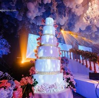 Kue ulang tahun Sophia pun sama megahnya bak kue pengantin. Kue berwarna putih tersebut terdiri dari enam tingkat dengan hiasan bunga mawar di bagian bawahnya.Foto: Facebook Nice Print Photography & Exige Weddings