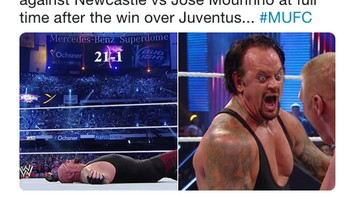 Meme ini mengibaratkan Mourinho di half time laga lawan Newcastle (saat MU ketinggalan 0-2 sebelum berbalik menang 3-2) dan Mourinho di akhir laga lawan Juventus (saat MU juga berbalik menang). (Foto: Internet/Twitter)
