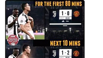 Meme ini berkelakar mengenai perubahan bentuk tubuh Ronaldo saat merayakan golnya dan beberapa menit kemudian saat  MU berbalik mengungguli Juventus. (Foto: Internet/Twitter)