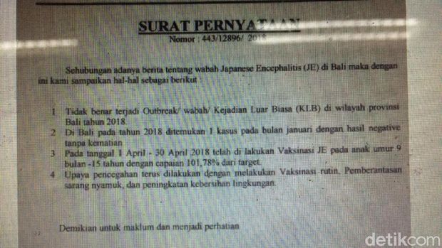 Surat pernyataan Dines Bali tentang Japanese Encephalitis