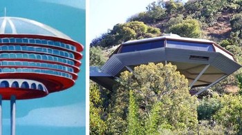 Rumah futuristik film animasi The Jetsons dan bangunan di New York. (Foto: The Jetsons/Hanna-Barbera dan CDernbach/Wikimedia Commons via Brightside.me)