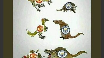 Seorang netizen memunculkan evolusi derby Manchester: Dulu City dinilai jadi mangsa MU, tapi kini sebaliknya karena The Red Devils jadi mangsa The Citizens. (Foto: Internet/Twitter)