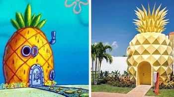 Rumah nanas Spongebob di film animasi dan di dunia nyata. (Foto: SpongeBob SquarePants/Nickelodeon dan nickresortpuntacana/instagram via Brightside.me)
