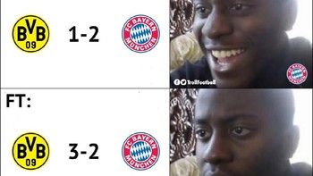 Tak pelak fans Bayern yang awalnya girang karena unggul terlebih dahulu jadi melongo di akhir. Foto: Twitter/TrollFootball