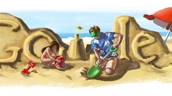 Pada Hari Ayah 2009, Google Doodle menampilkan seorang ayah dan anak perempuannya yang sedang main pasir. Foto: Google