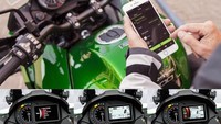 Speedometer Versys 1000 2019 mengadopsi kombinasi analog dan digital mirip dengan panel instrumen Kawasaki H2 SX. Asyiknya lagi, speedometer tersebut juga bisa dihubungkan ke smartphone pengendara melalui aplikasi Kawasaki Rideology App. Jadi pengendara bisa memantau aktivitas riding dan interval penggantian oli hanya melalui layar gadget. Foto: Dok. Young Machine