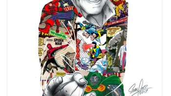 Terlihat di baju Stan Lee adalah cuplikan adegan superhero buatannya. Foto: Twitter