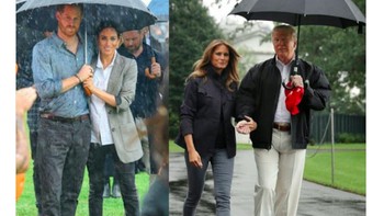 Foto Trump memakai payung sendiri pun diperbandingkan dengan pangeran Harry yang berpayung bersama dengan Meghan Markle. Foto: istimewa