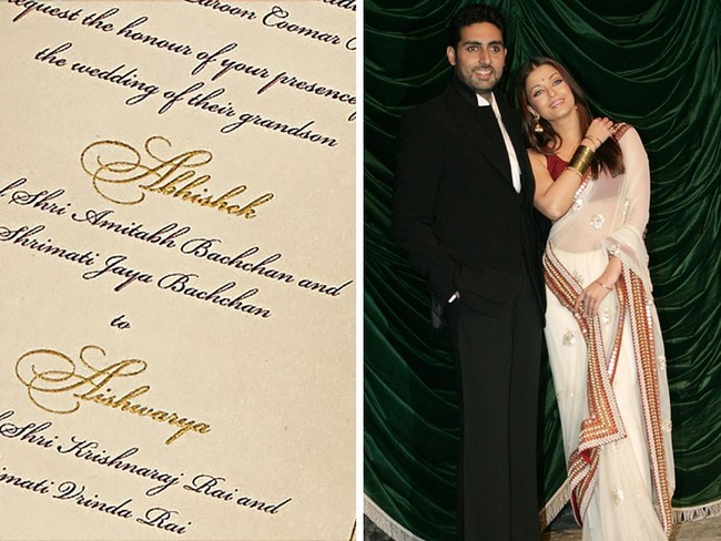 Pasangan selebriti Aishwarya Rai dan Abhishek Bachchan menghabiskan US$ 5 juta atau sekitar Rp 73,8 miliar hanya untuk undangan pernikahan. Undangan pernikahan mereka terdiri dari tiga boks atau kotak berwarna emas. Kotak pertama berisi detail acara pernikahan Aishwarya dan Abhishek, kotak kedua berisi 24 cokelat yang diimpor dari Swiss dan kotak ketiga berisi patung Ganesha disertai puisi buatan kakek Abhishek, Harivansh Rai Bachchan. Foto: Getty Images, Ist.