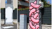  Wah, sebelum membuat karya ternyata coretan asal-asalan yang ditorehkan dicat dengan cat putih. Barulah kemudian ia menggambar tumpukan sosis yang menggemaskan ini. Foto: Cibo