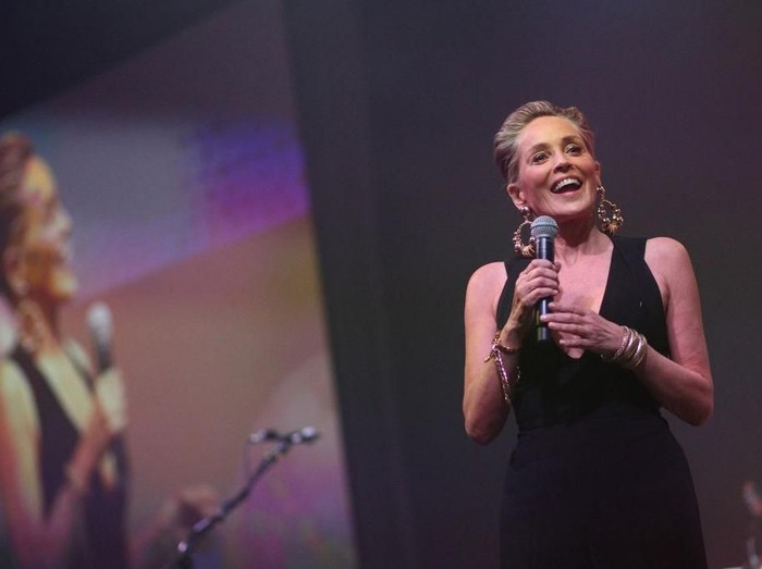 LOS ANGELES, CA - JANUARY 28: Sharon Stone speaks onstage at Steven Tyler and Live Nation presents Inaugural Janies Fund Gala & GRAMMY Viewing Party at Red Studios on January 28, 2018 in Los Angeles, California.  (Photo by Tommaso Boddi/Getty Images for Janies Fund)