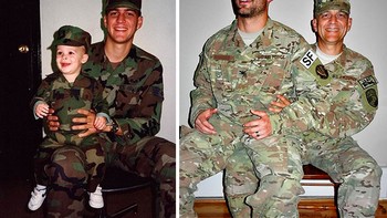 Ayah dan anaknya saat masih kecil dan ketika dewasa dan mengikuti jejaknya sebagai tentara. Foto: boredpanda