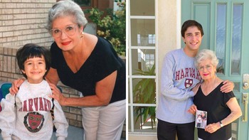 Anak dan neneknya saat mau masuk TK dan saat sudah akan kuliah. Foto: boredpanda