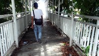 Sampah daun yang berasal dari pohon di sekitar JPO berserakan di lantai JPO.