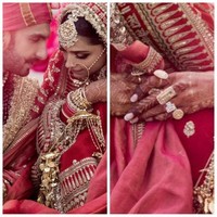 Menikah dengan Ranveer Singh, Deepika Padukone mendapatkan cincin kawin berlian dengan batu berlian berbentuk kotak yang ukurannya tampak besar. Cincin yang terlihat di foto pernikahan Deepika saat sang aktris memakai baju sari berwarna merah - emas itu harganya diperkirakan berkisar antara  Rs 1,3 hingga 2,7 crore atau sekitar Rp 2,6 hingga 5,5 miliar. Foto: Instagram