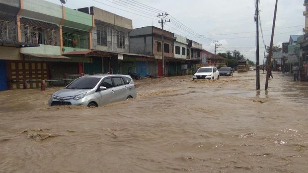 Jalanan Lintas Nasional Banda Aceh-Medan terendam banjir.