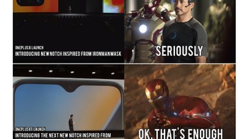 Yang ini berkelakar bahwa notch di smartphone OnePlus terinspirasi bentuk topeng di film Iron Man. (Foto: Internet/9Gag)