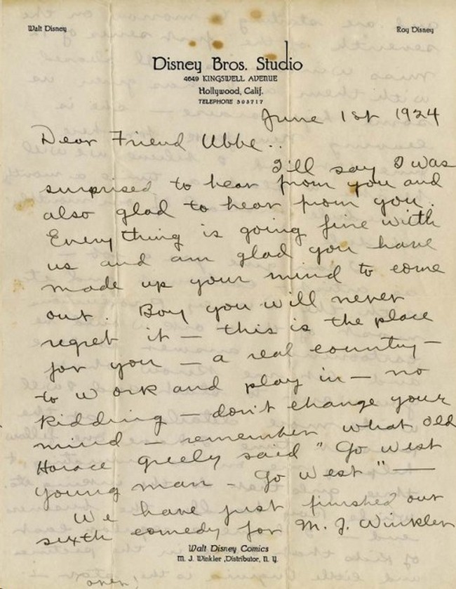 Pada 1924, Walt Disney menulis surat ke Ub Iwerks, co-creator Mickey Mouse, empat tahun sebelum karakter tersebut rilis. Surat ini berisi lamaran Walt Disney untuk bergabung dan membentuk Disney Studios. Surat penuh nilai sejarah ini terjual USD 210 ribu atau sekitar Rp 3 miliar oleh badan lelang Profiles in History. Foto: Dok. Profiles in History