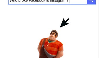 Meme yang menggambarkan penyebab Facebook dan Instagram down adalah karater kartun Ralph yang filmnya baru saja tayang. Foto: Twitter