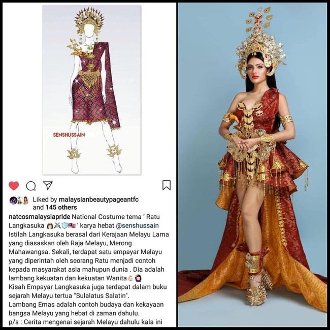 Dalam penampilannya sebagai Srikandi Melayu Yang Agung, Sanjna terlihat memakai mahkota berwarna emas yang ukurannya cukup besar. Untuk melengkapi penampilannya, dia juga membawa keris. Foto: Instagram