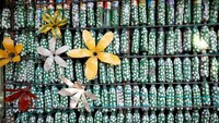 Botol-botol plastik yang dikumpulkan Maria ia hias untuk dijadikan dinding rumahnya yang berlokasi di kawasan El Borbollon di El Transito, El Salvador.